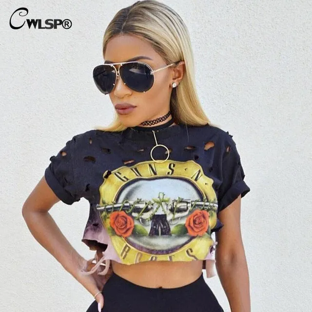 CWLSP Sexy Hole Women T-Shirt GUNS N ROSES Print Crop Top T Shirt Cropped Tops Hollow Out Short Sleeve Tee Shirt Femme QA1223