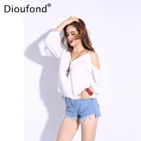 Dioufond 2017 Summer T shirt Women Off Shoulder V-neck T-shirts Crinkle White Tops Casual Split Spaghetti Strap Tshirt