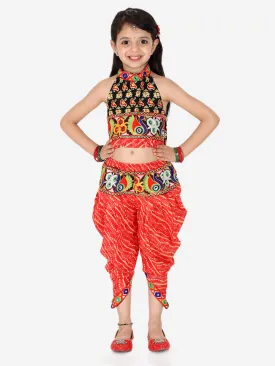 Ethnic Festive Wear Girls Halter Neck Printed Cotton Choli With Dhoti Indo Western Clothing Sets-Black