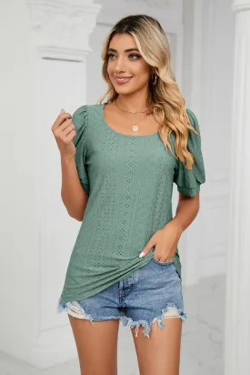 Eyelet Puff Sleeve Round Neck Top