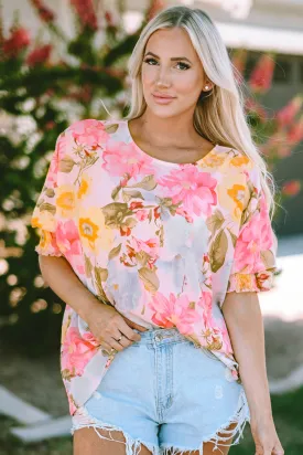 Floral Round Neck Three-Quarter Sleeve Top