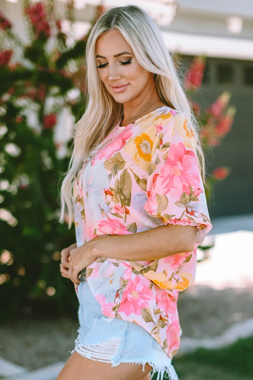 Floral Round Neck Three-Quarter Sleeve Top