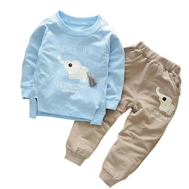 Foe Kids Clothes Autumn/Winter Baby Boys Girls Cartoon Elephant Cotton Set Children Clothing Sets Child T-Shirt Pants Suit