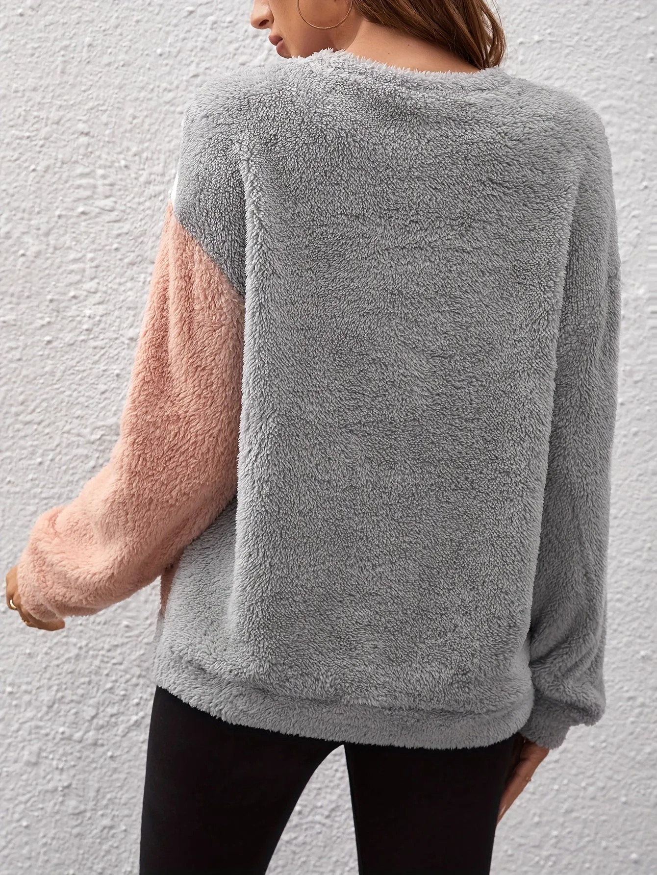 Fuzzy Color Block Sweatshirt Cozy Stylish Womens FallWinter Top