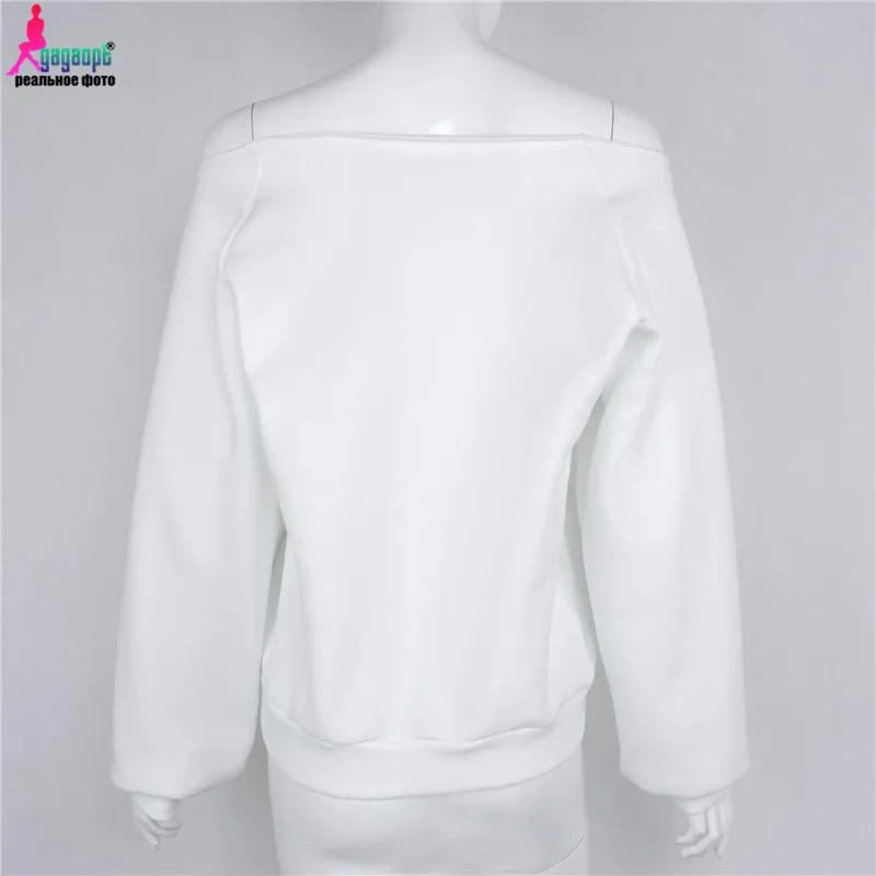 Gagaopt Autumn&Winter White Print PINK Women's Tracksuits Svitshot Strapless Hoodies Sweatshirt Women Sudaderas Mujer 2016