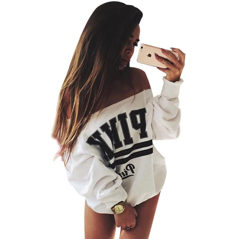 Gagaopt Autumn&Winter White Print PINK Women's Tracksuits Svitshot Strapless Hoodies Sweatshirt Women Sudaderas Mujer 2016