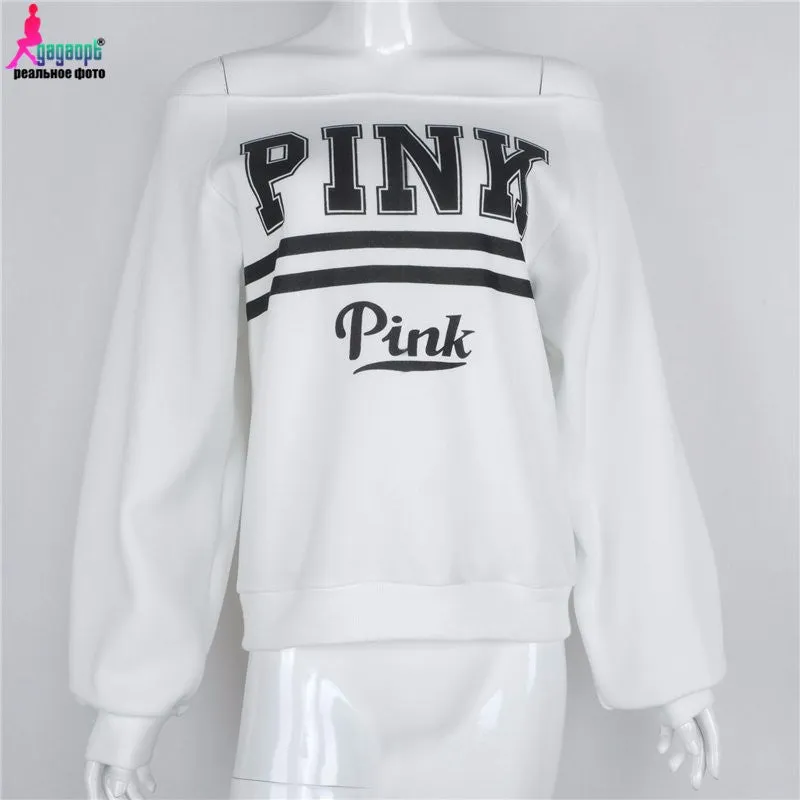 Gagaopt Autumn&Winter White Print PINK Women's Tracksuits Svitshot Strapless Hoodies Sweatshirt Women Sudaderas Mujer 2016