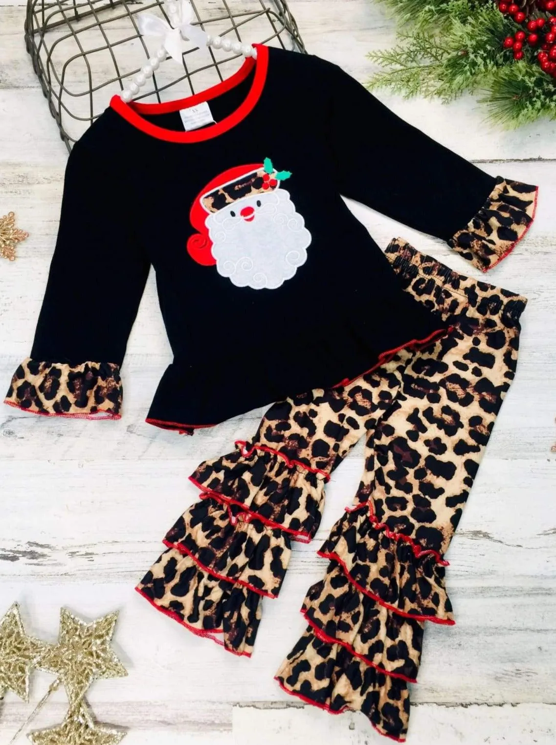 Girls Christmas Themed Long Sleeve Santa Applique Tunic And Ruffled Animal Print Legging Set