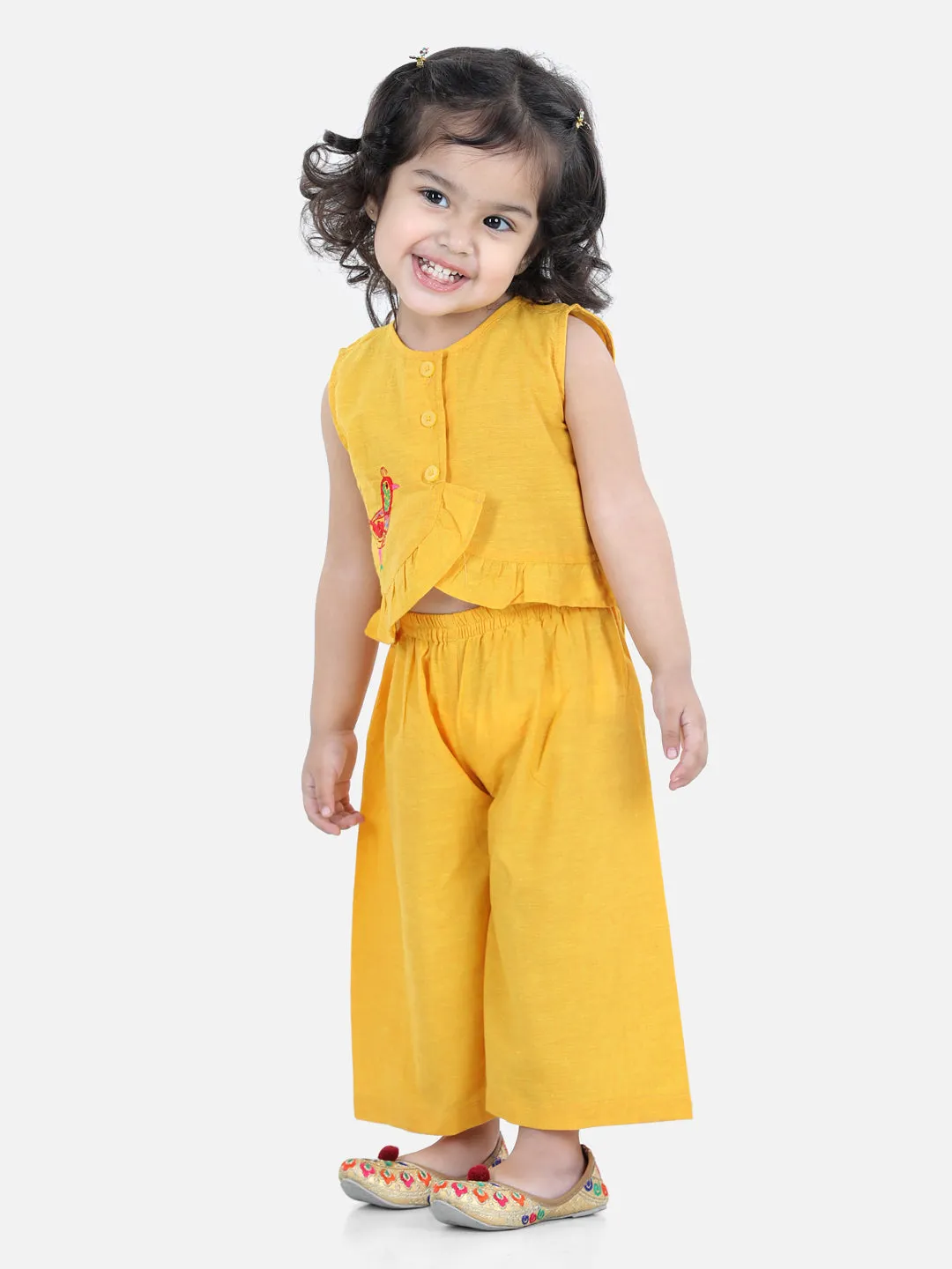 Girls Cotton Bird Embroidered Top Palazzo indo Western Clothing -Yellow