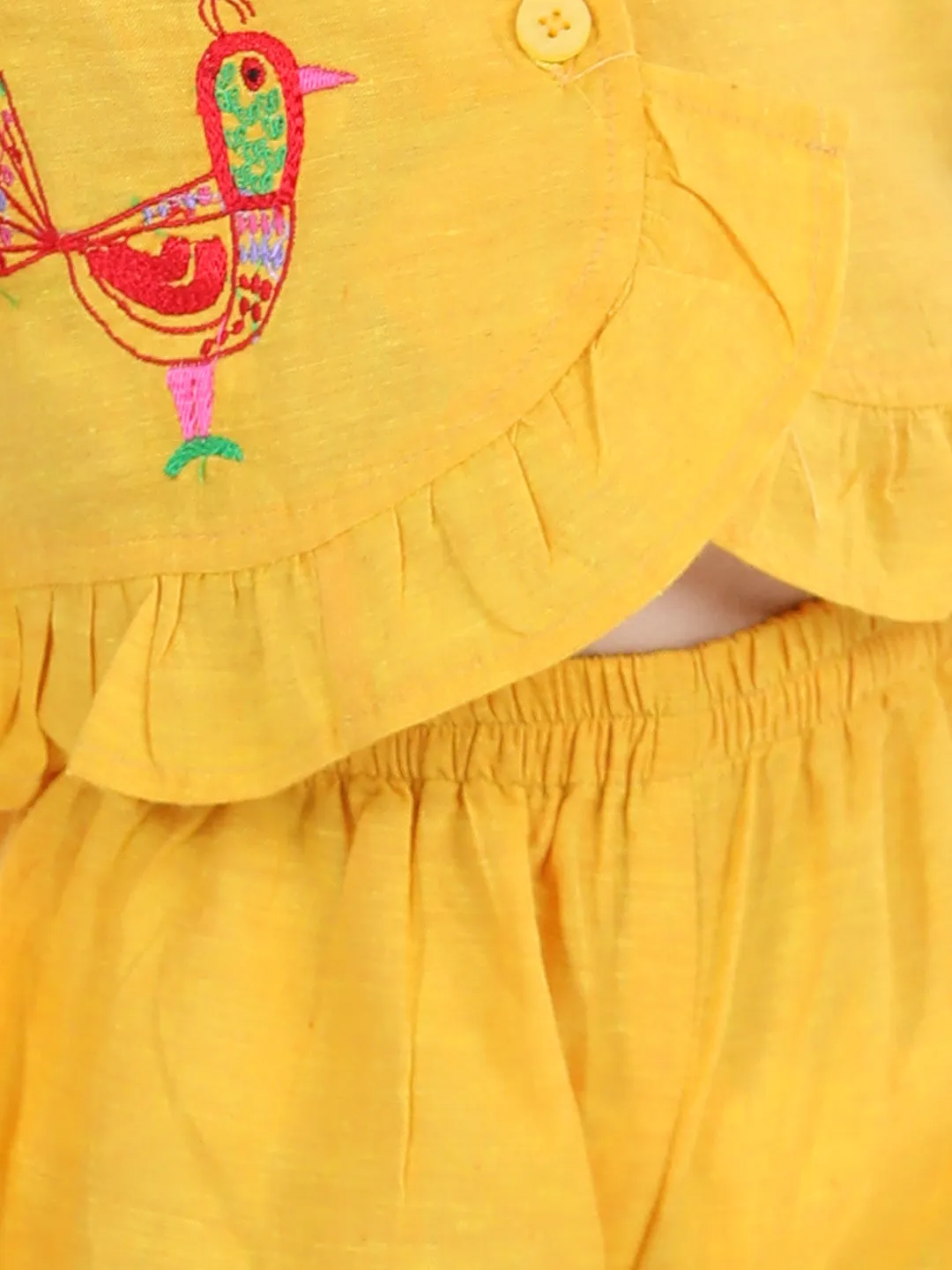 Girls Cotton Bird Embroidered Top Palazzo indo Western Clothing -Yellow