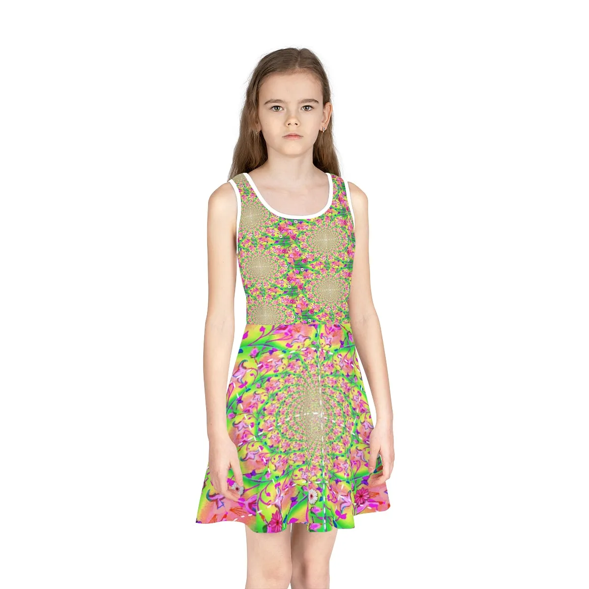 Girls' Sleeveless Sundress (AOP) PINK FLOWERS FRACTAL