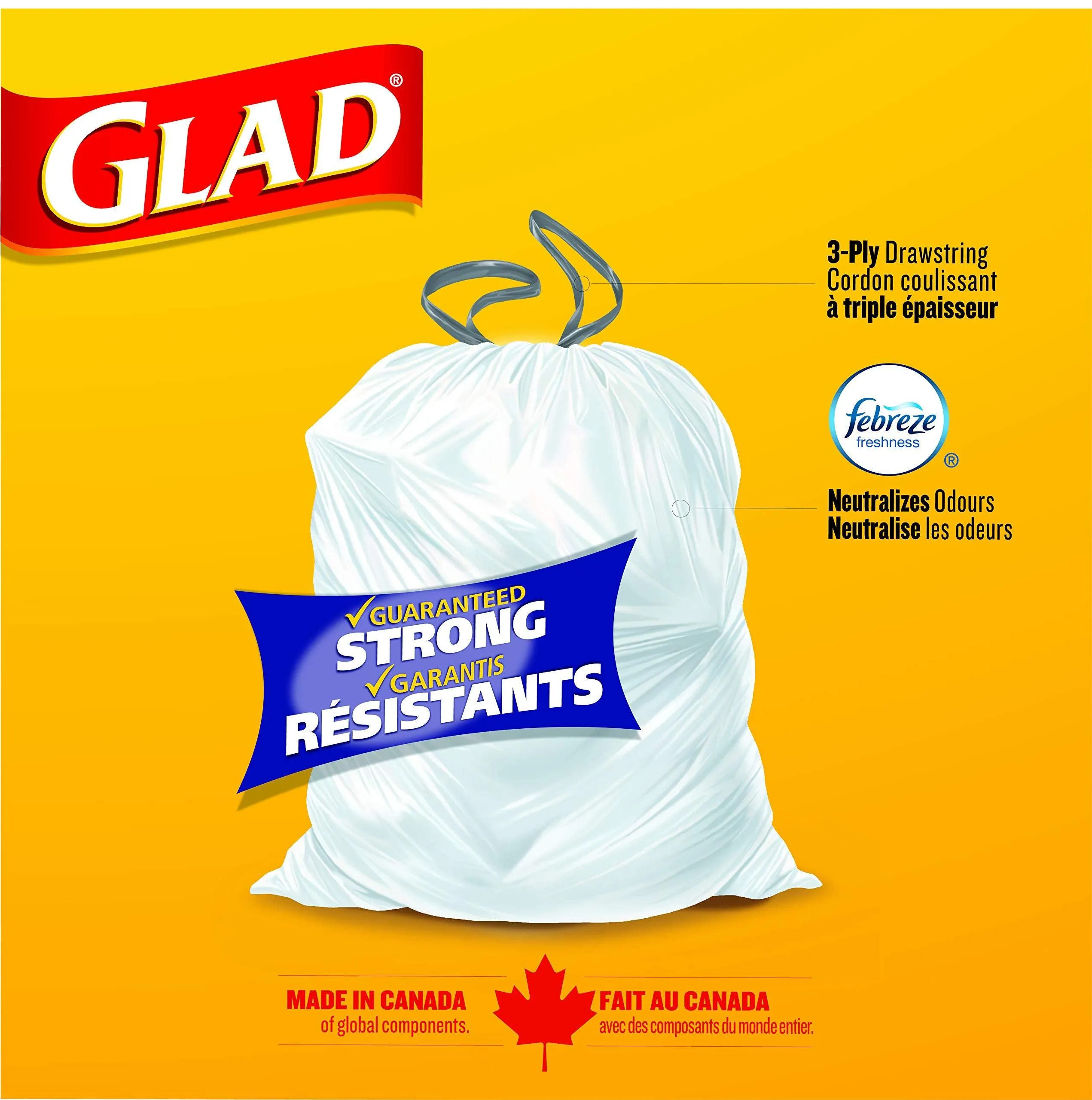 Glad White Garbage Bags - Tall 45 Litres - ForceFlex, Drawstring, with Febreze Fresh Clean Scent, 50 Trash Bags, Made in Canada of Global Components