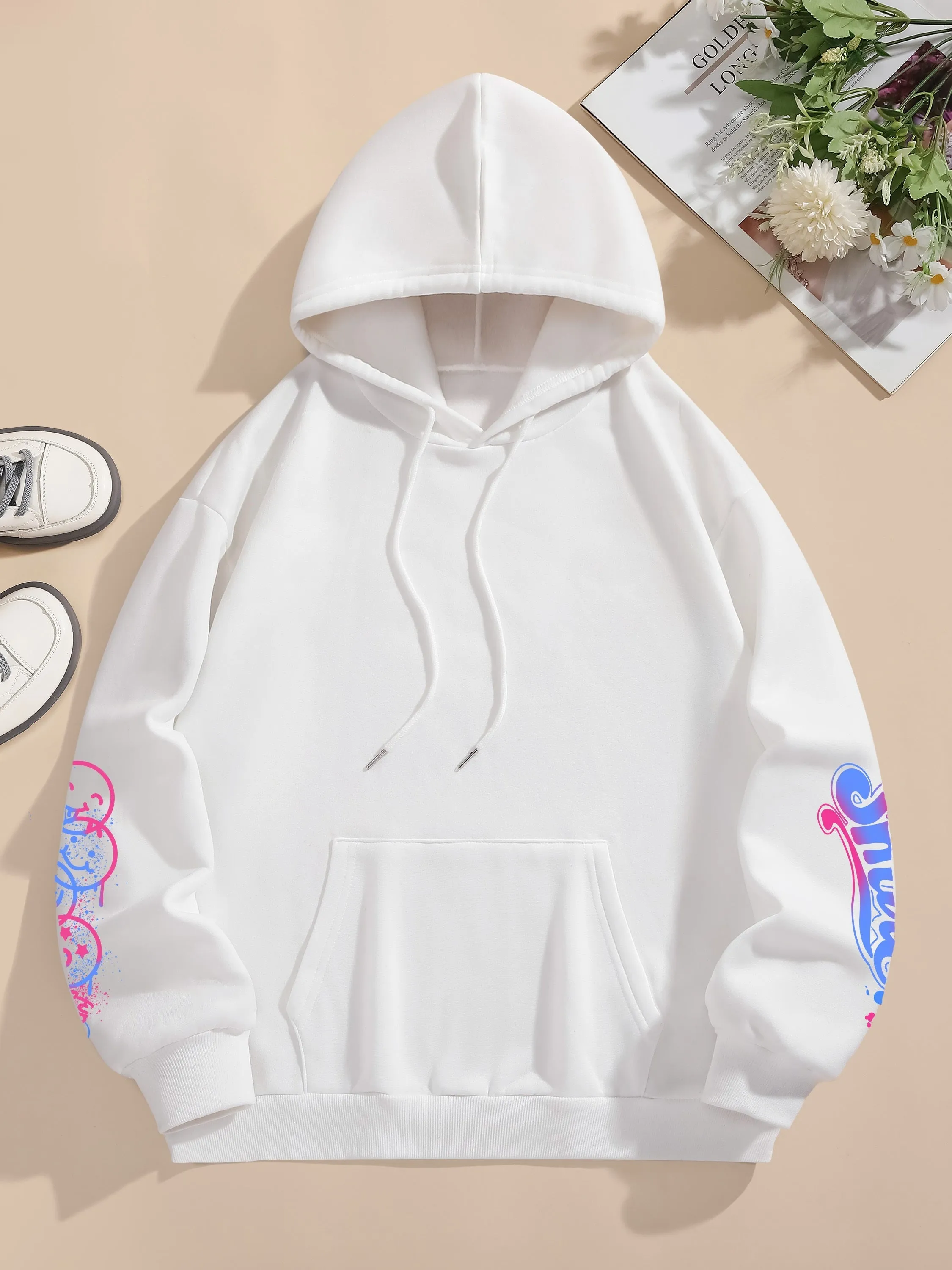 Graphic & Letter Print Hoodie, Casual Pocket Long Sleeve Drawstring Hoodies Sweatshirt, Women's Clothing