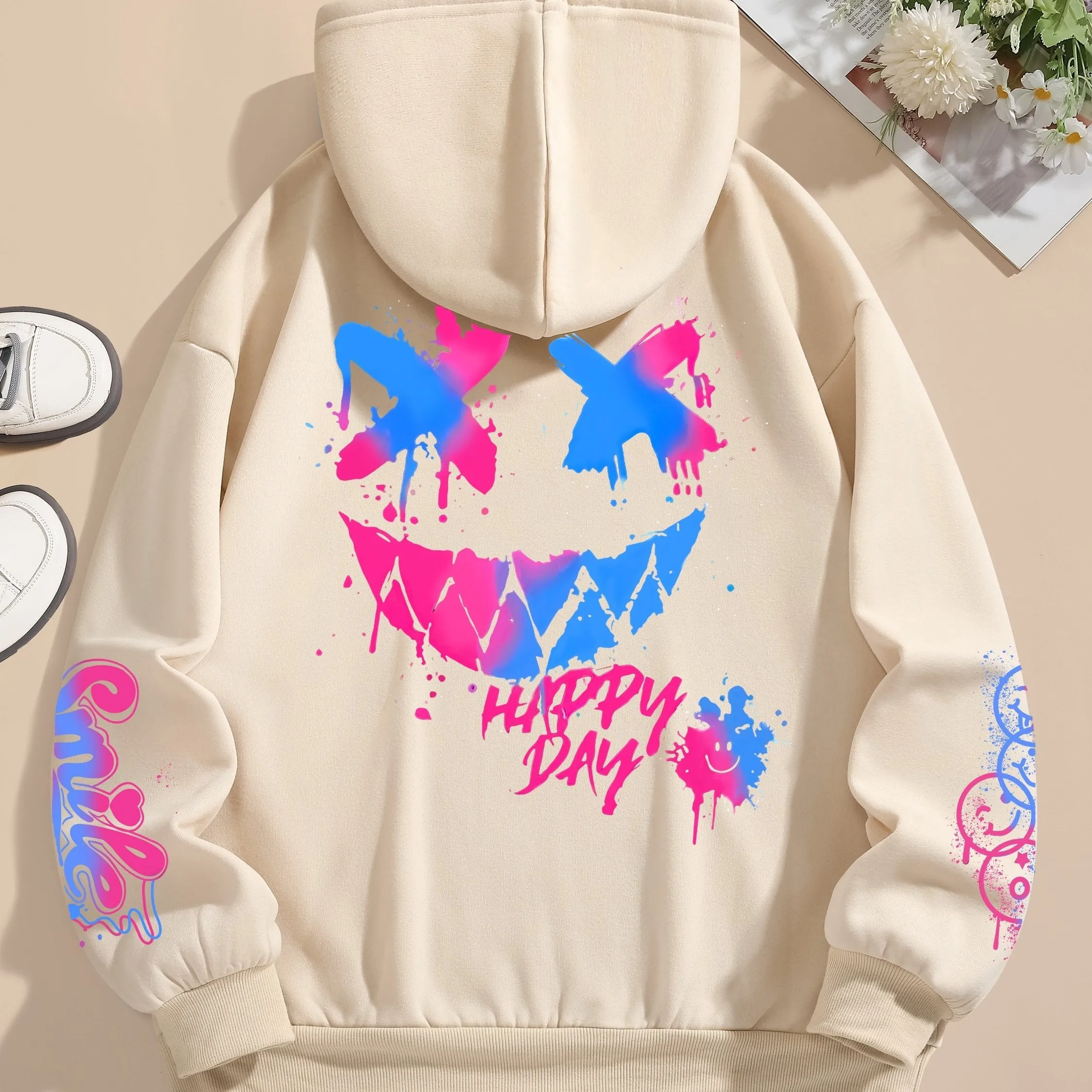 Graphic & Letter Print Hoodie, Casual Pocket Long Sleeve Drawstring Hoodies Sweatshirt, Women's Clothing