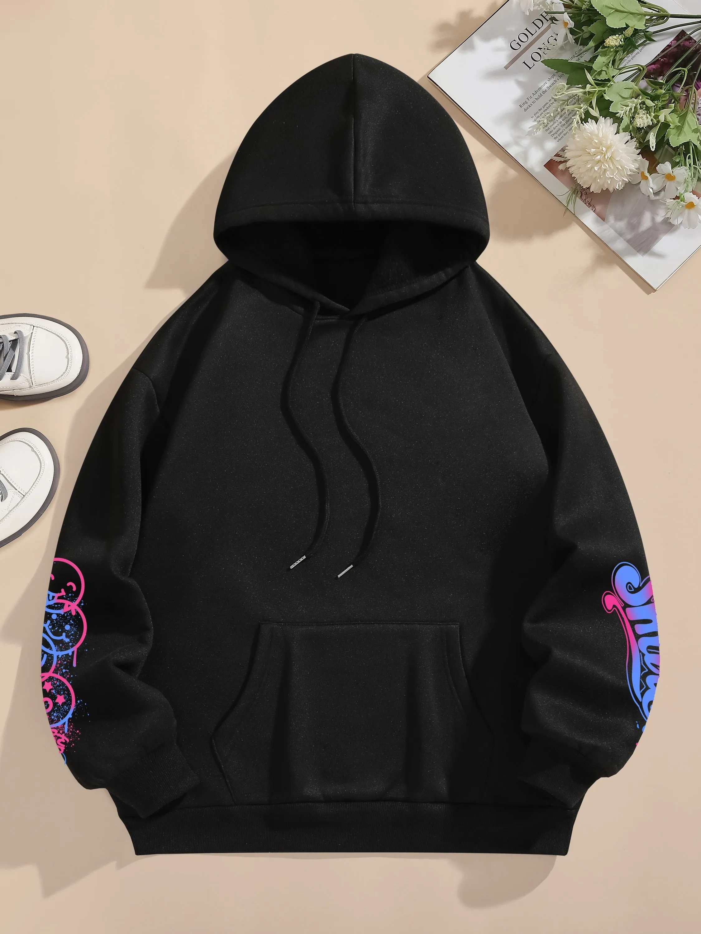 Graphic & Letter Print Hoodie, Casual Pocket Long Sleeve Drawstring Hoodies Sweatshirt, Women's Clothing