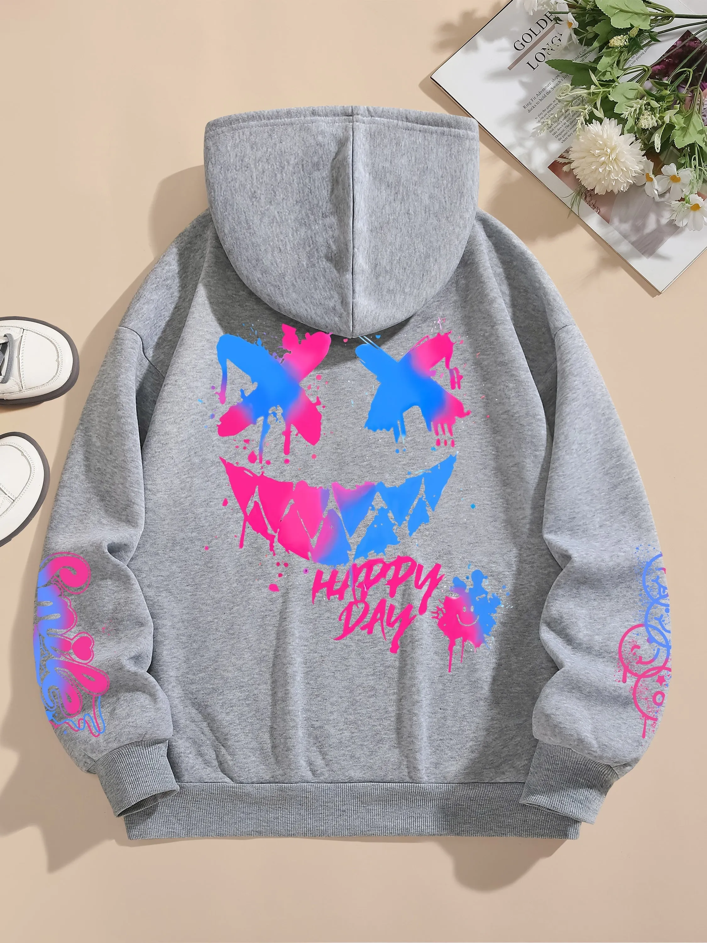 Graphic & Letter Print Hoodie, Casual Pocket Long Sleeve Drawstring Hoodies Sweatshirt, Women's Clothing