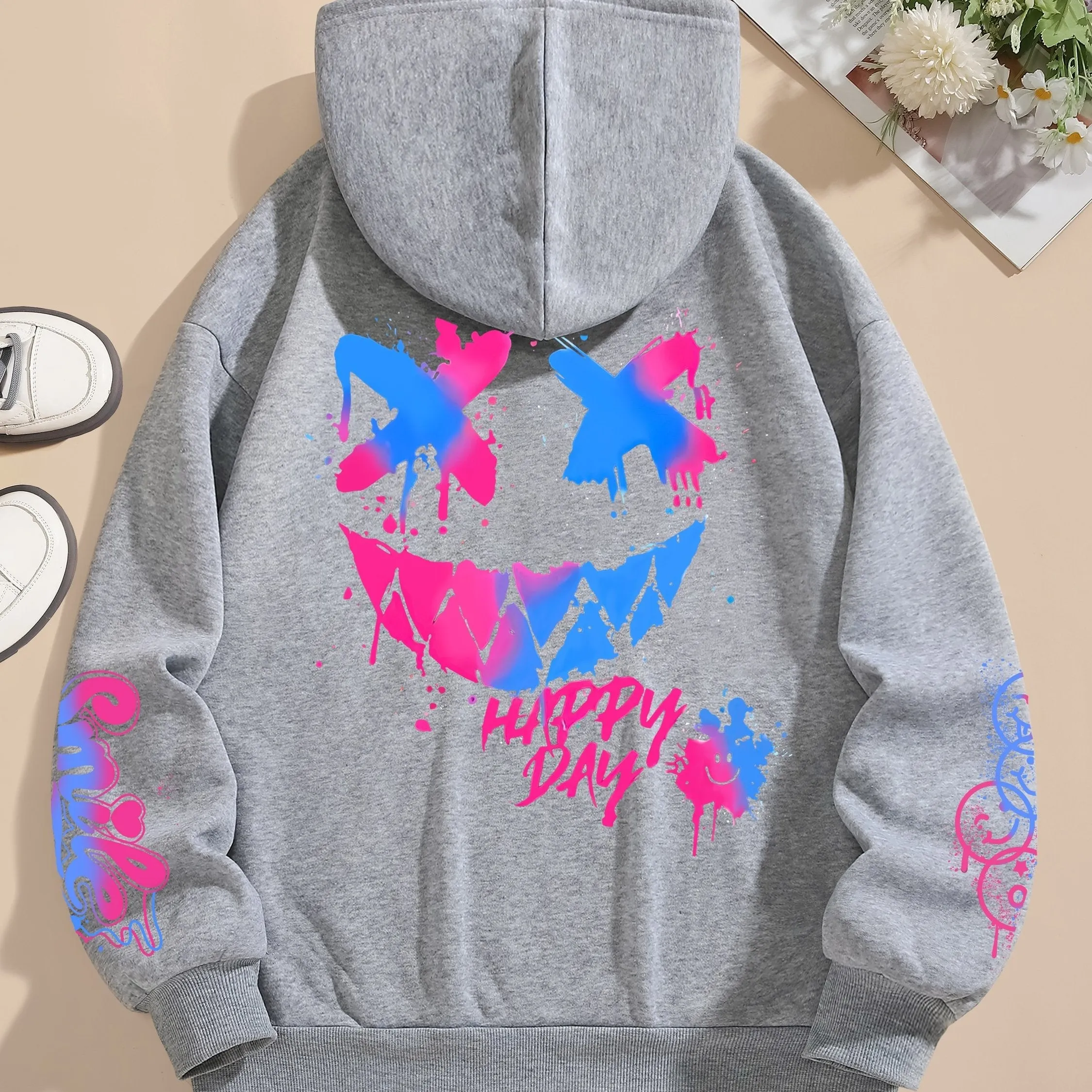 Graphic & Letter Print Hoodie, Casual Pocket Long Sleeve Drawstring Hoodies Sweatshirt, Women's Clothing