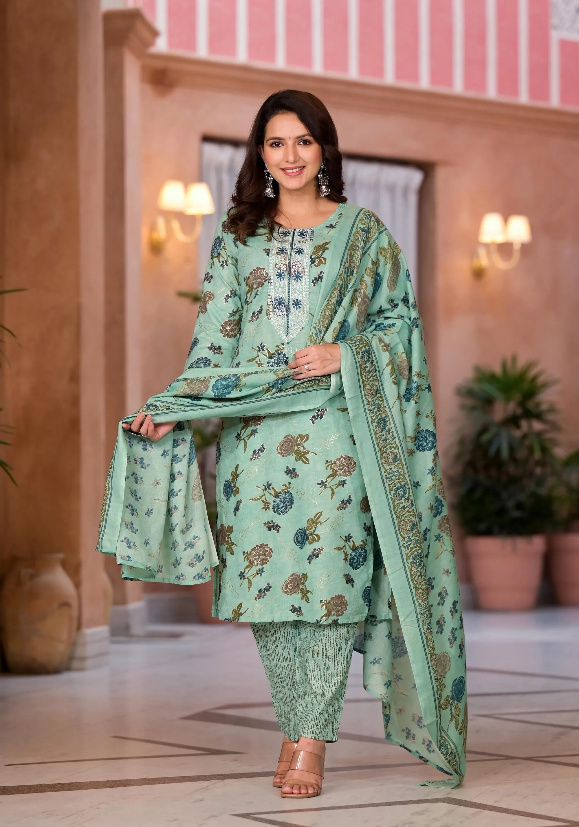 Green Floral Printed Cotton Kurta Set With Thread  Work