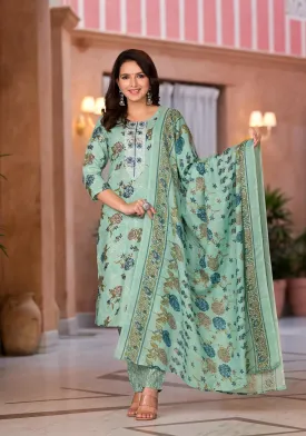 Green Floral Printed Cotton Kurta Set With Thread  Work