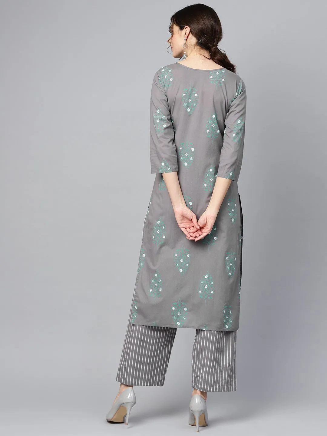 Grey Round Neck Floral Printed 3/4Th Sleeve Straight Kurta With Stripped Pants.