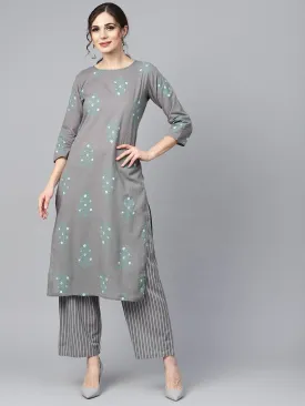 Grey Round Neck Floral Printed 3/4Th Sleeve Straight Kurta With Stripped Pants.