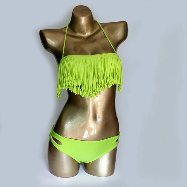 HELLO BEACH Tassel Swimwear Bikini Set Women Swimsuit Bandeau Bikini Fringe Biquini Brazilian Bathing Suit Girl Swimwear biquine