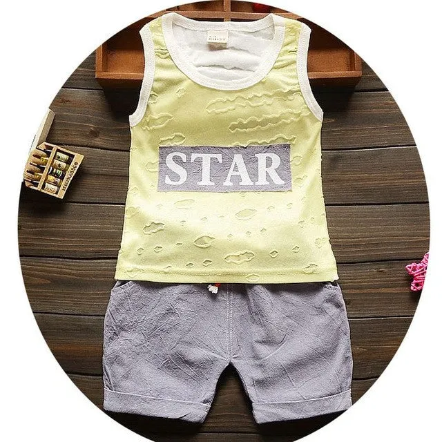 High quality baby boy clothes 2016 Summer cotton baby clothing set 2pc for 1 2 3 years old boys vest suit A021-108