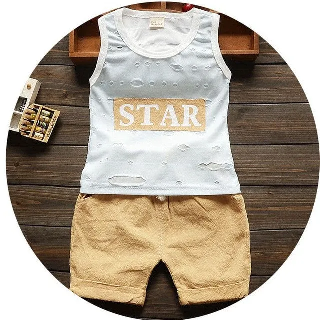 High quality baby boy clothes 2016 Summer cotton baby clothing set 2pc for 1 2 3 years old boys vest suit A021-108