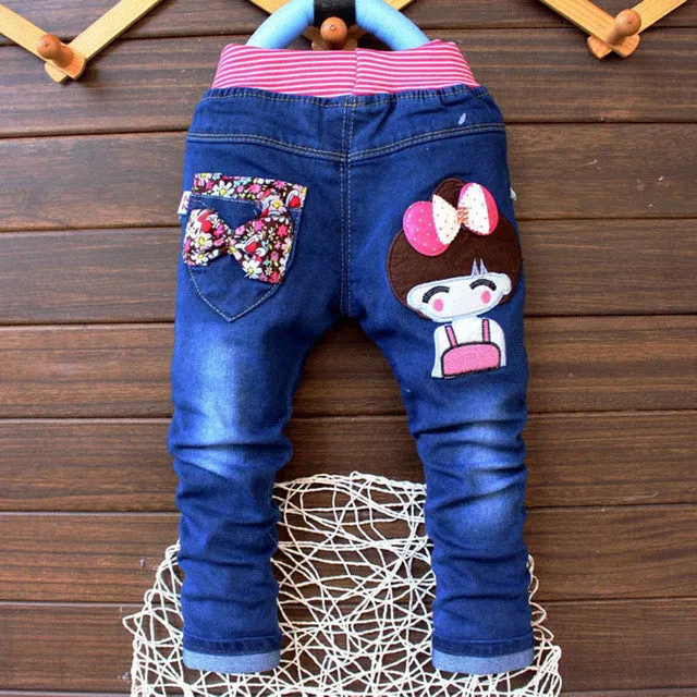 Hot autumn Fashion Kids Jeans Cute baby Cartoon pants Toddler boys Girls Elastic Straight trousers For Children 2-4 Years