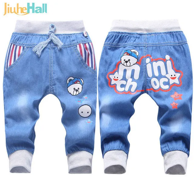 Hot Sale! 2016 New  Kids Jeans Elastic Waist Straight Bear Pattern Denim Seventh Pants Retail Boy Jeans For 2-5 Years WB142