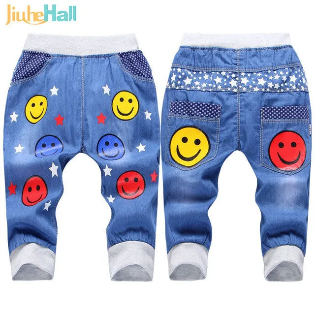 Hot Sale! 2016 New  Kids Jeans Elastic Waist Straight Bear Pattern Denim Seventh Pants Retail Boy Jeans For 2-5 Years WB142