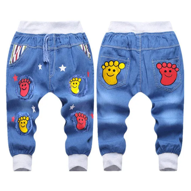 Hot Sale! 2016 New  Kids Jeans Elastic Waist Straight Bear Pattern Denim Seventh Pants Retail Boy Jeans For 2-5 Years WB142