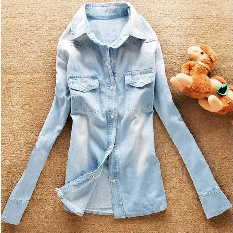 Hot sale European style women denim blouse slim jeans shirt lady's elegant quality blouse 2016 spring fashion denim blouse