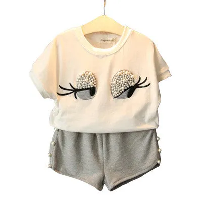 Humor Bear Girls Clothing Set Pearl Girls Clothes Set Lovely Long Eyelashes Toddler Girl tops   Pants Girls Suit Kids Clothes