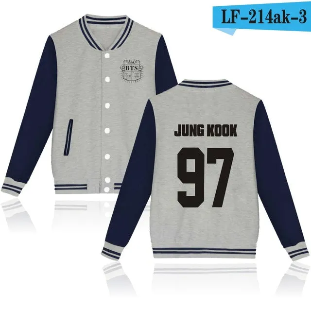 LUCKYFRIDAYF Women Kpop BTS Bangtan Boys Baseball Uniform Jungkook Jhope Jin Jimin V Suga Long Sleeve Jacket Casual Sweatshirt