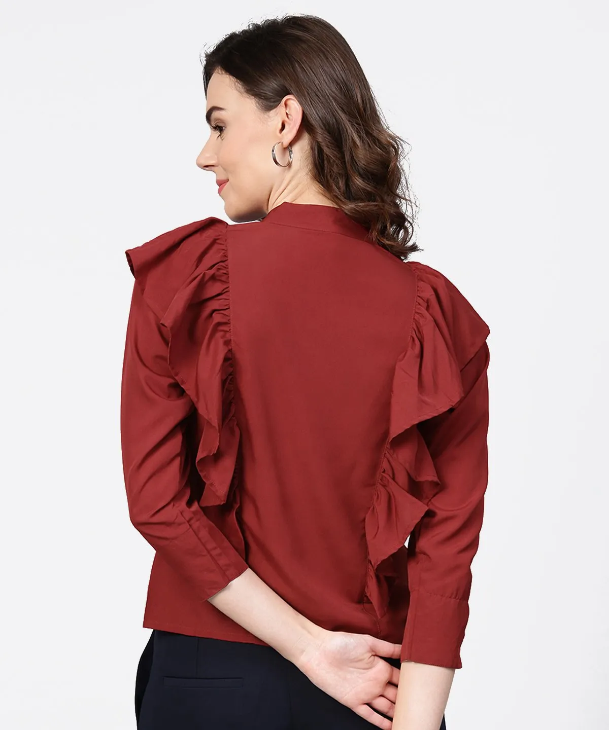 Maroon Full Sleeve Crepe Tops With Layred Design At Front