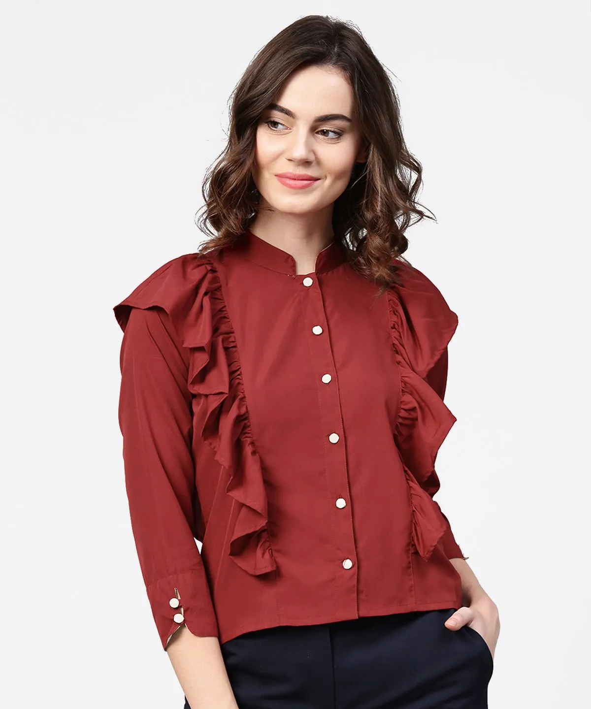 Maroon Full Sleeve Crepe Tops With Layred Design At Front