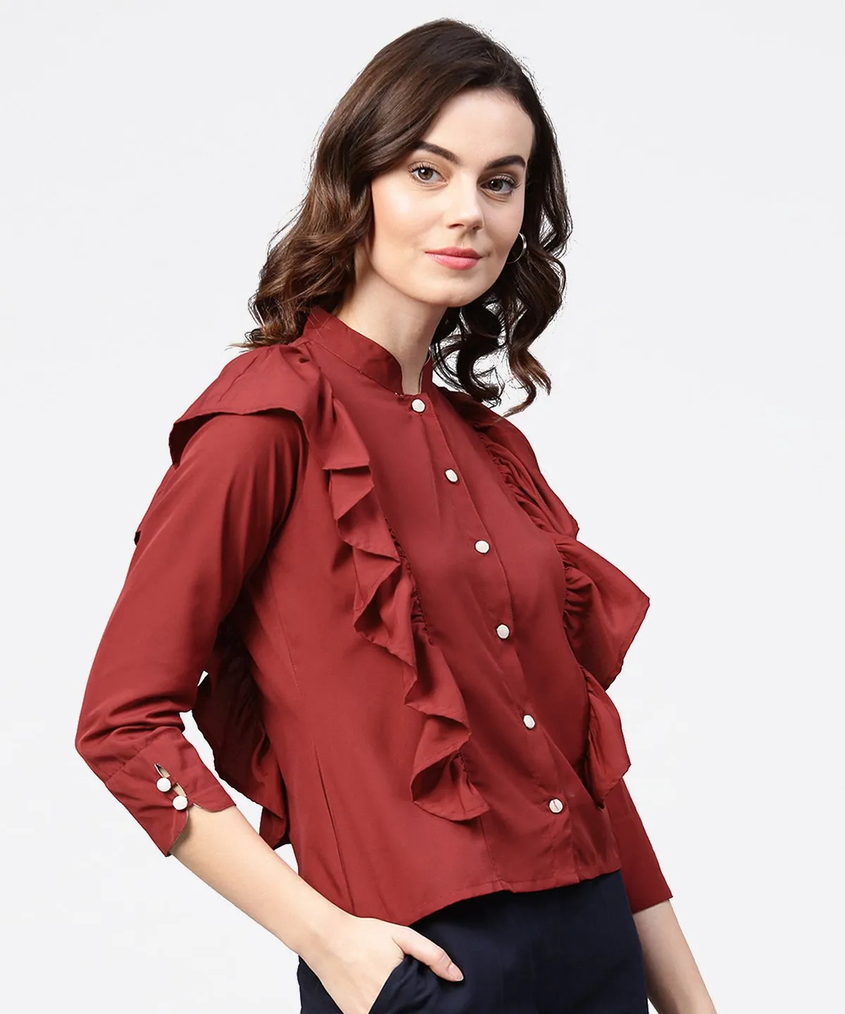 Maroon Full Sleeve Crepe Tops With Layred Design At Front