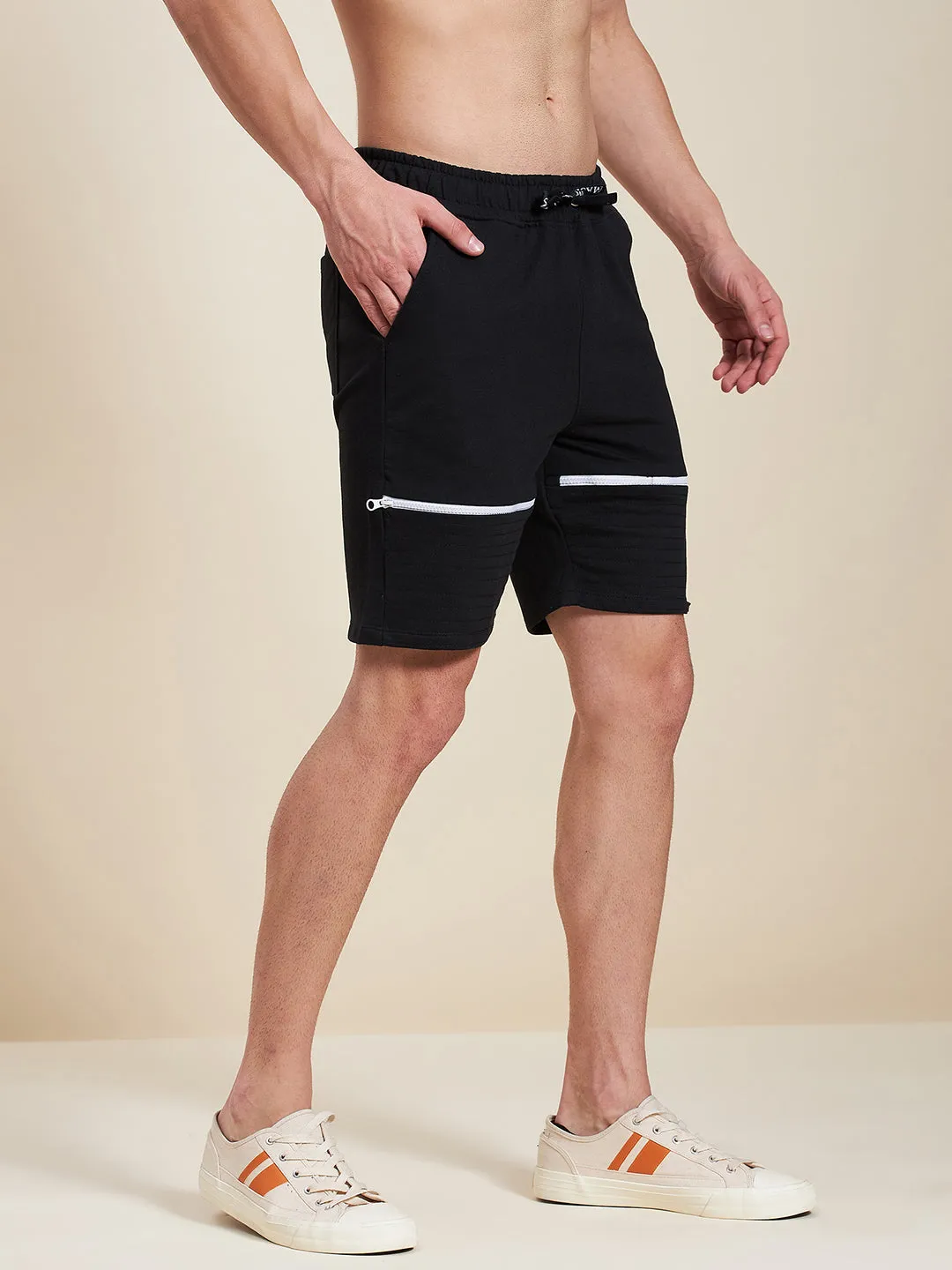 Men Black Terry Zipper Detail Shorts