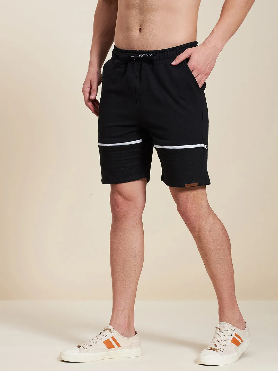 Men Black Terry Zipper Detail Shorts