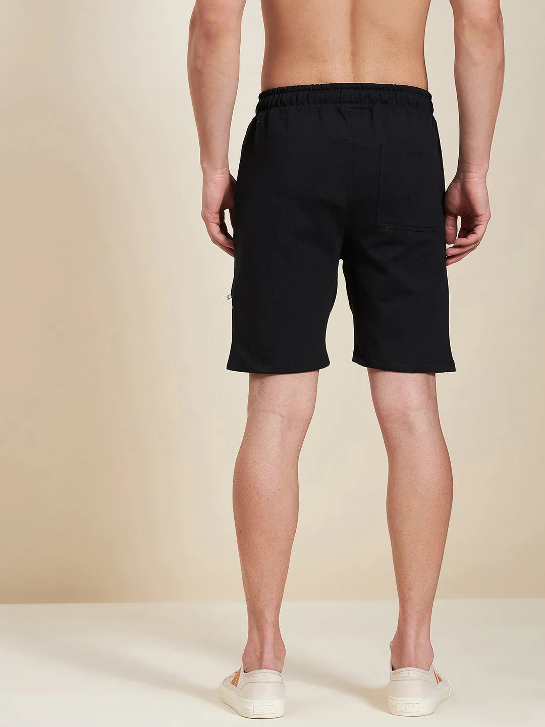 Men Black Terry Zipper Detail Shorts