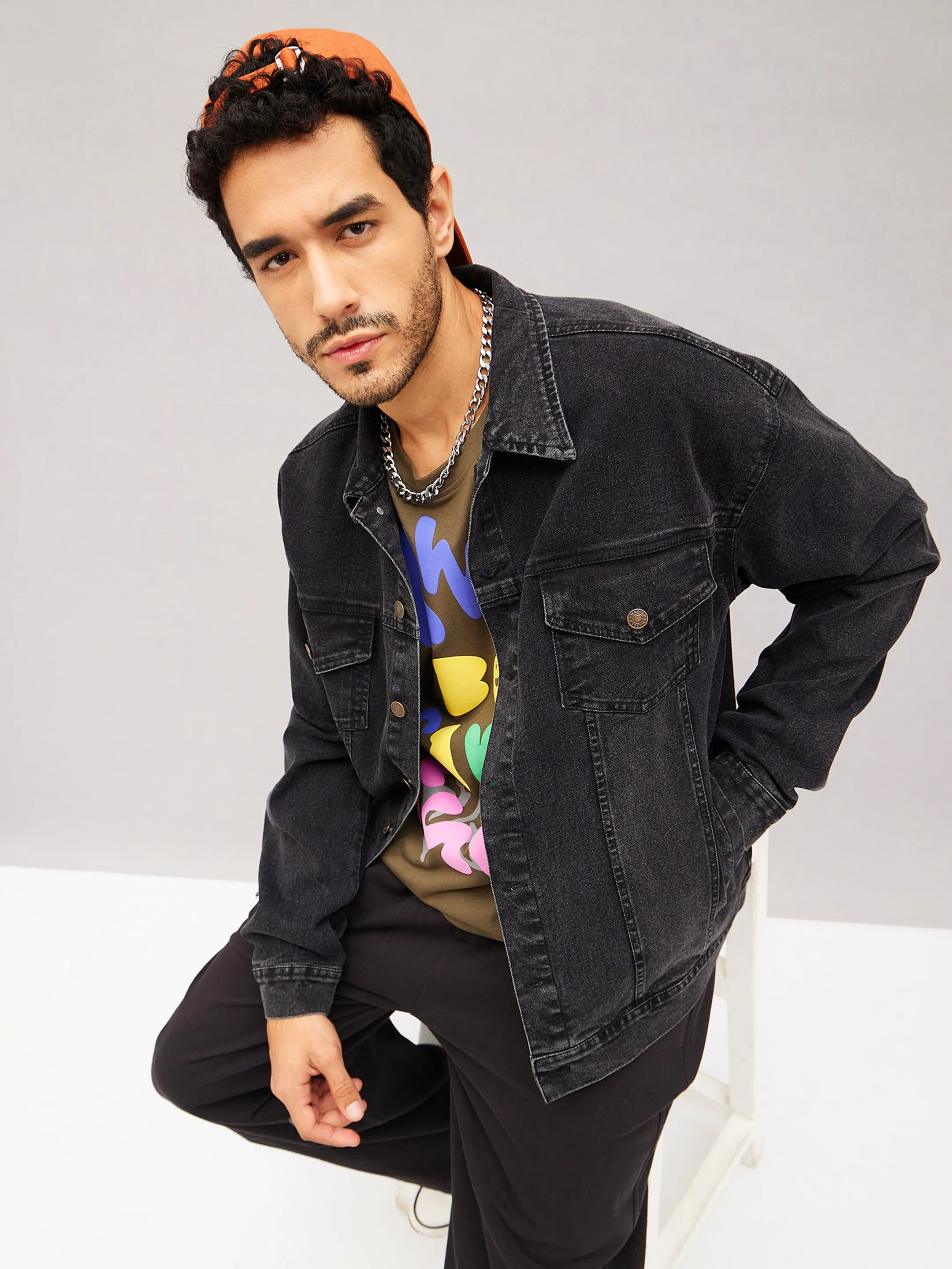 Men Black Washed Relax Fit Denim Jacket