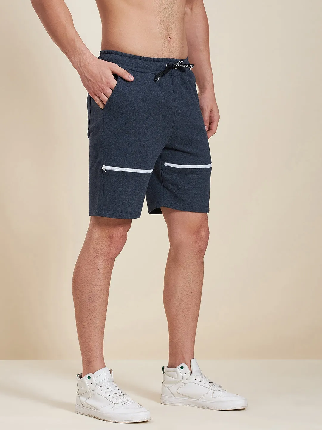 Men Blue Melange Terry Zipper Shorts