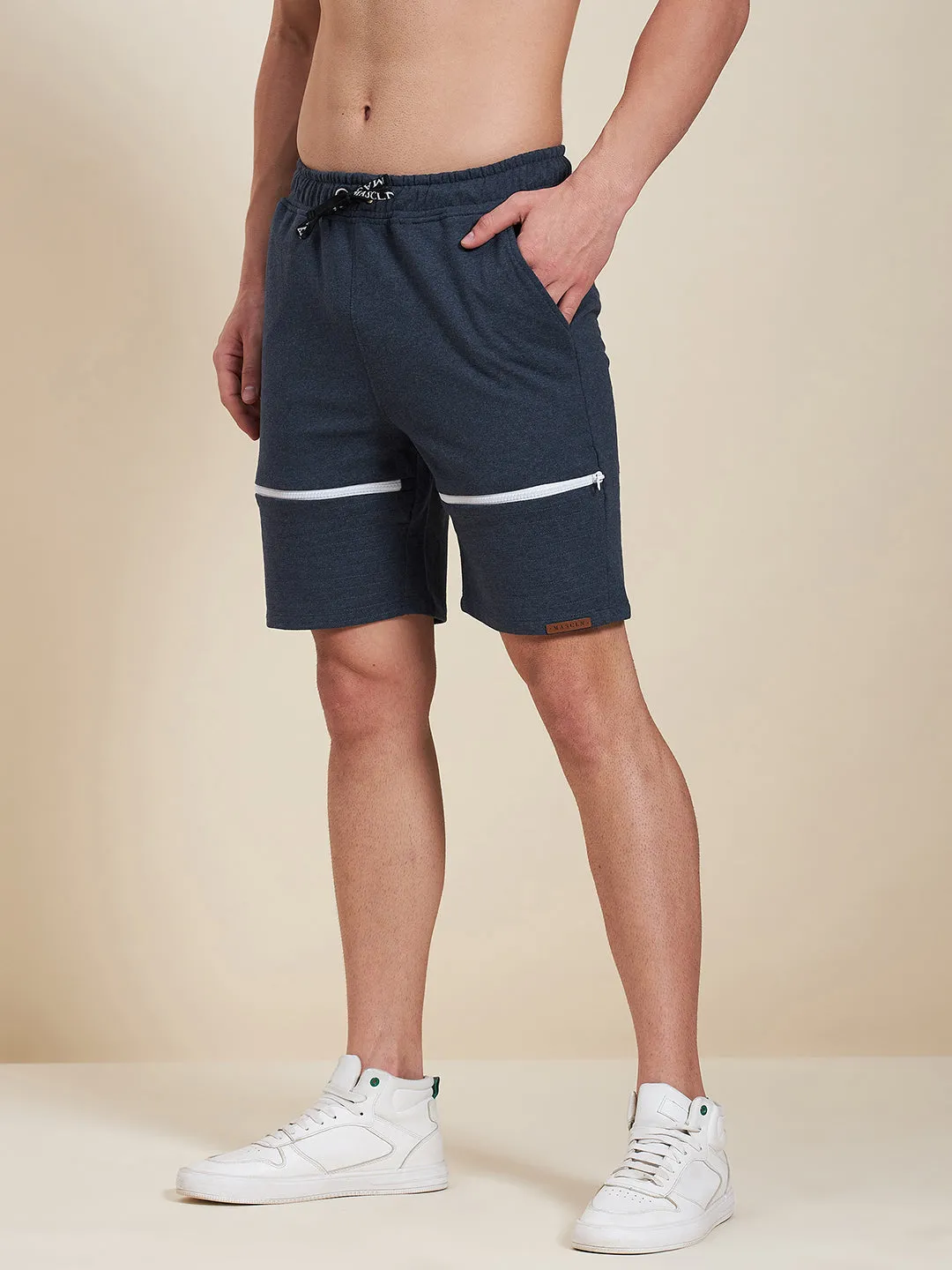 Men Blue Melange Terry Zipper Shorts