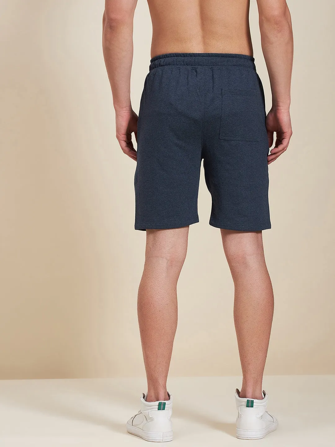 Men Blue Melange Terry Zipper Shorts