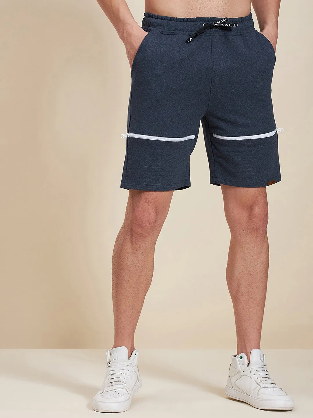 Men Blue Melange Terry Zipper Shorts