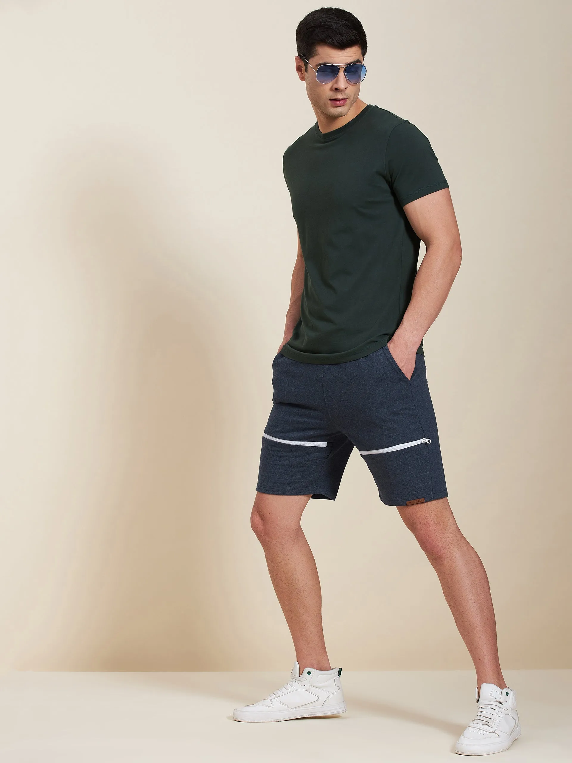 Men Blue Melange Terry Zipper Shorts