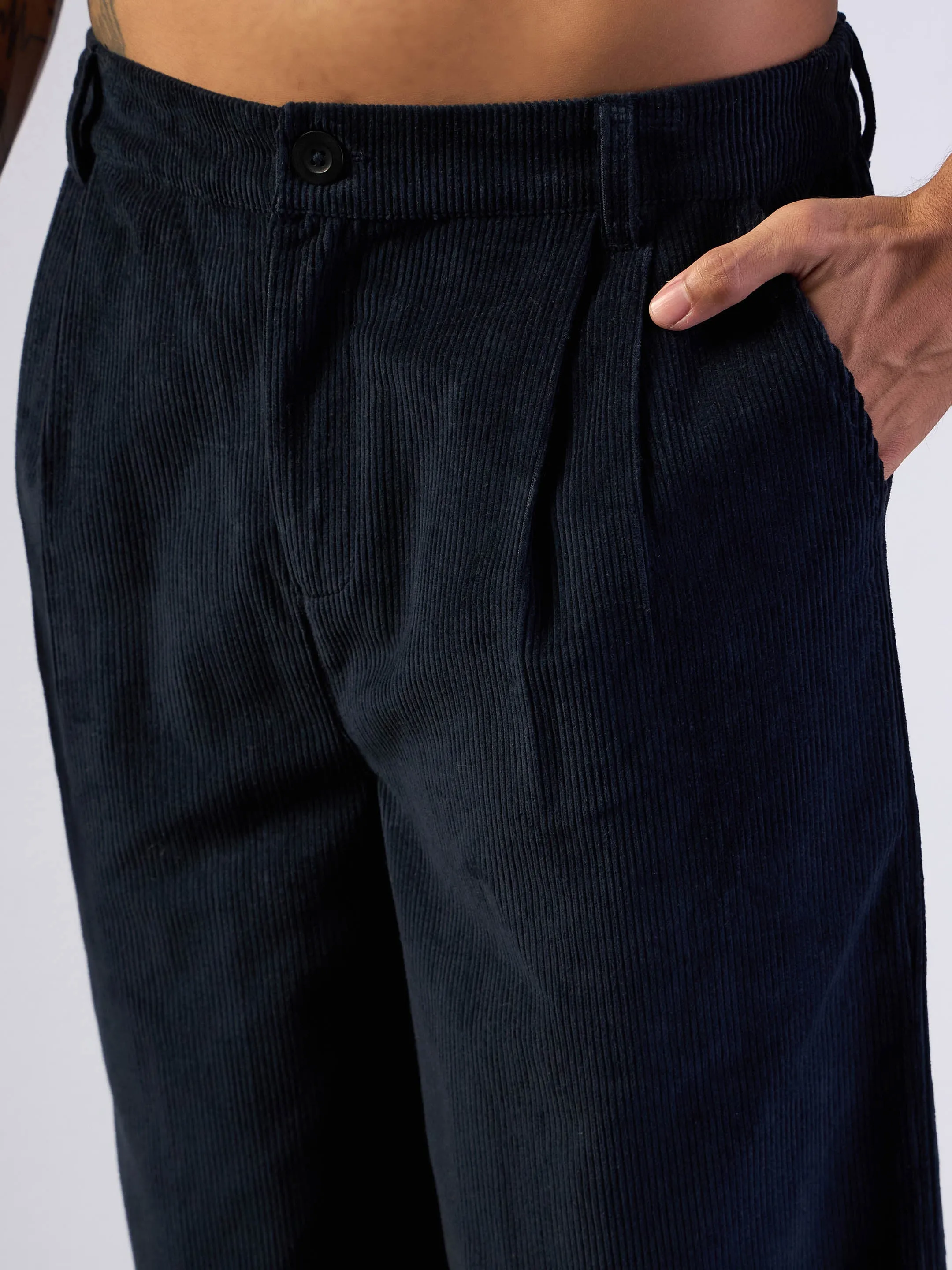 Men Navy Corduroy Front Dart Pants