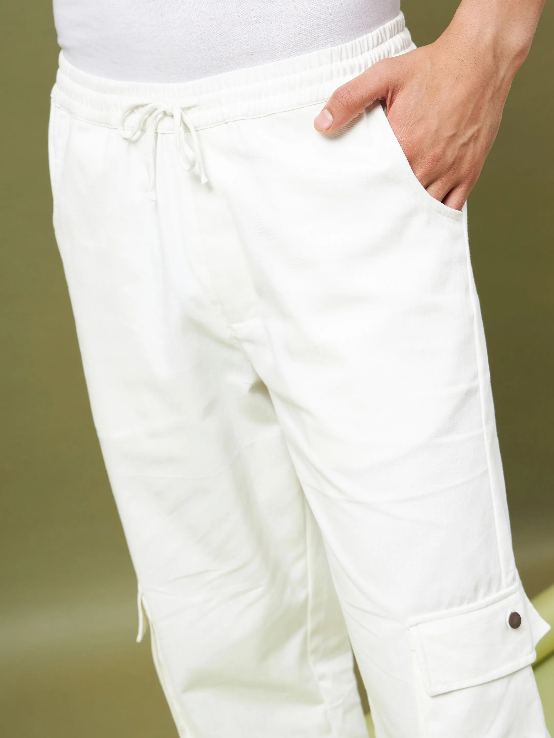 Men White Twill Cargo Pants