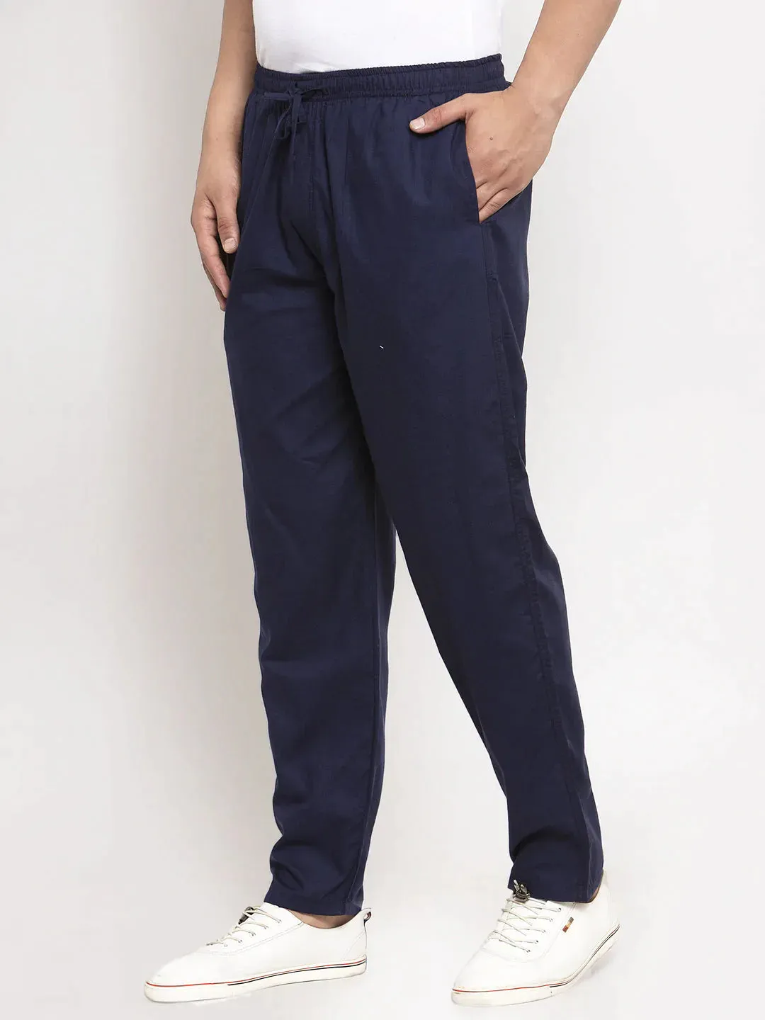 Men'S Navy Blue Solid Cotton Track Pants